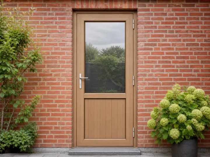 Houten voordeur in een Nederlandse bakstenen gevel
